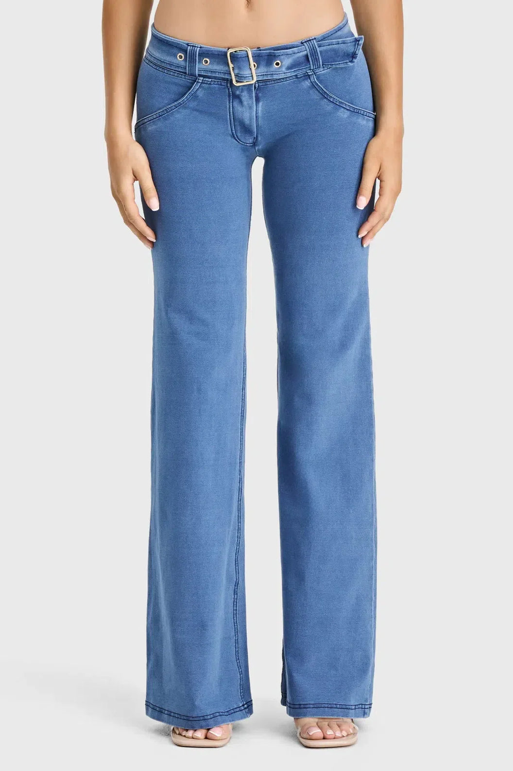 Light Blue + Blue Stitching Belted Low Rise Flare WRUP Denim