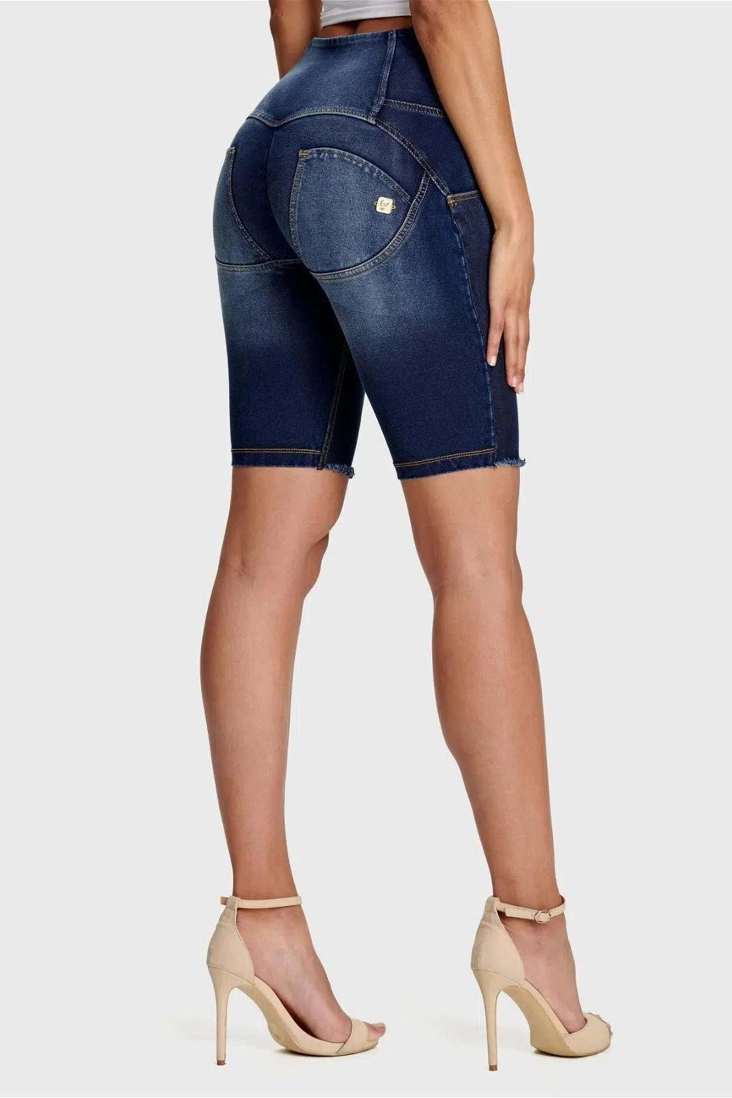 WR.UP® Denim - Cintura alta - Shorts de motorista de 3 botones - Azul oscuro + Costuras amarillas 2