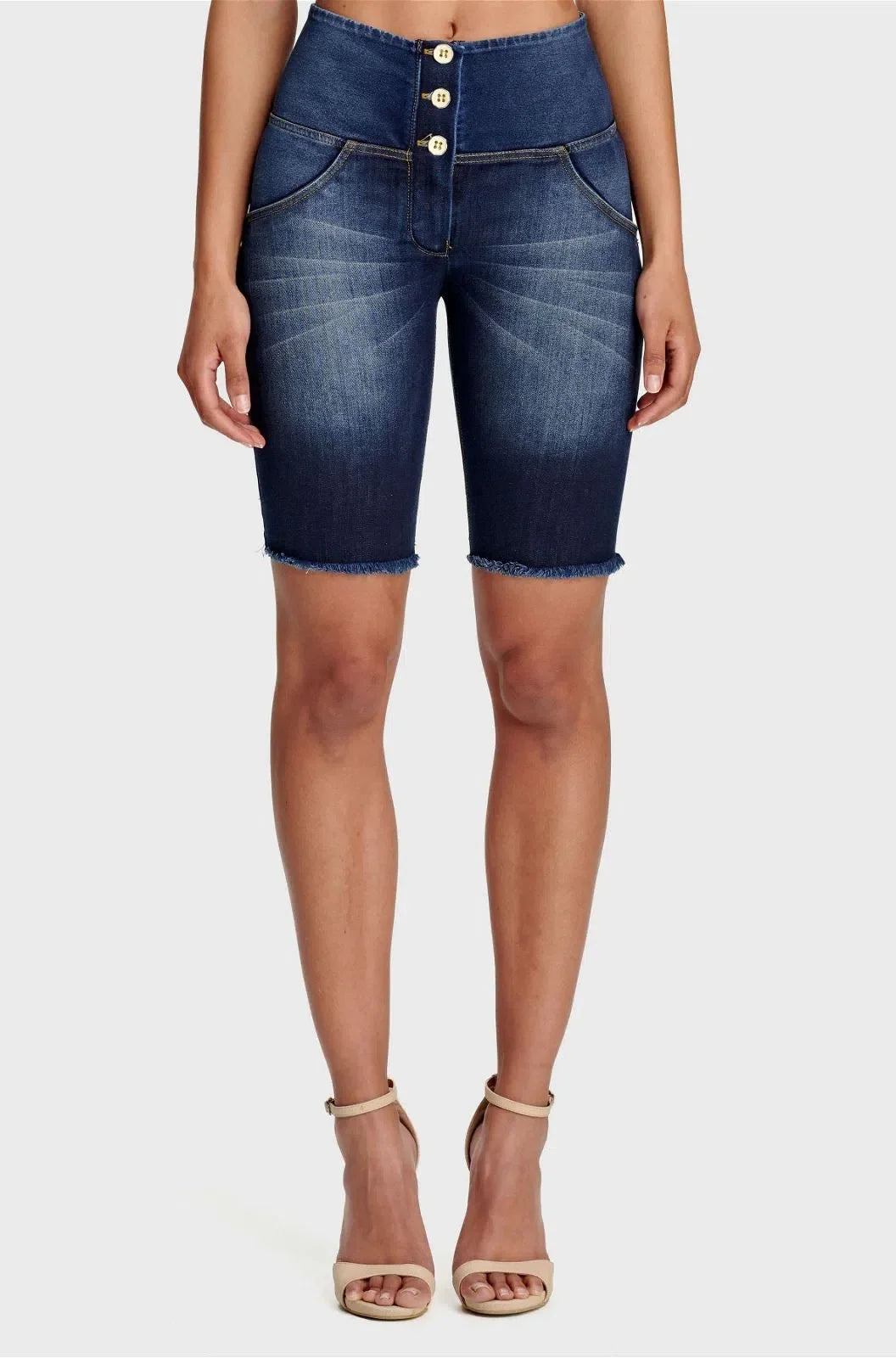 WRUP Denim - High Waisted - 3 Button Biker Shorts - Dark Blue + Yellow Stitching
