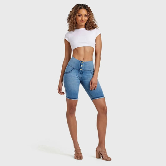 WRUP Denim - High Waisted - 3 Button Biker Shorts - Light Blue + Blue Stitching