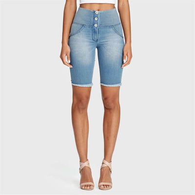 WR.UP® Denim - High Waisted - 3 Button Biker Shorts - Light Blue + Blue Stitching