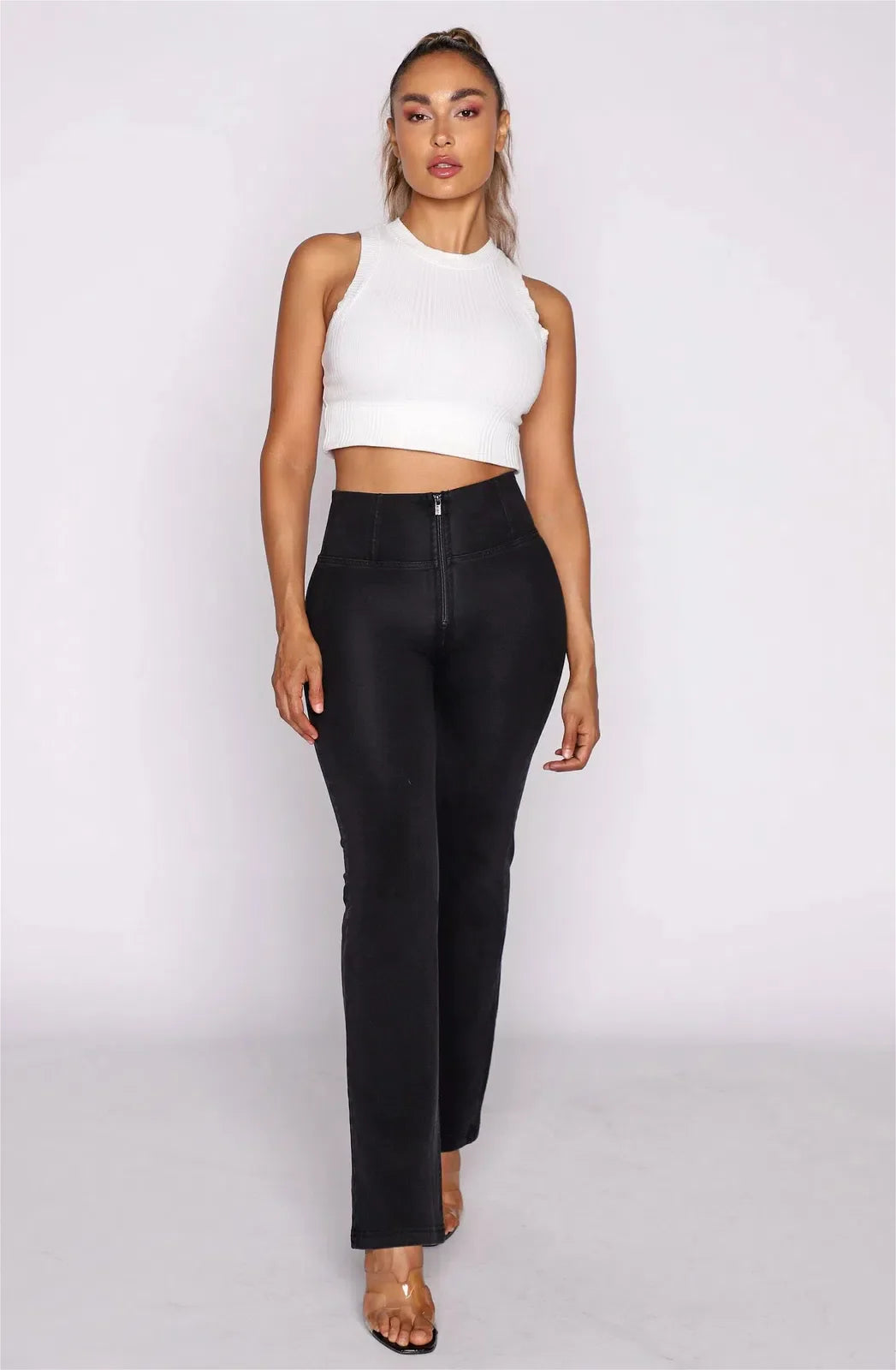 WRUP Denim - High Waisted - Petite Flare - Black + Black Stitching