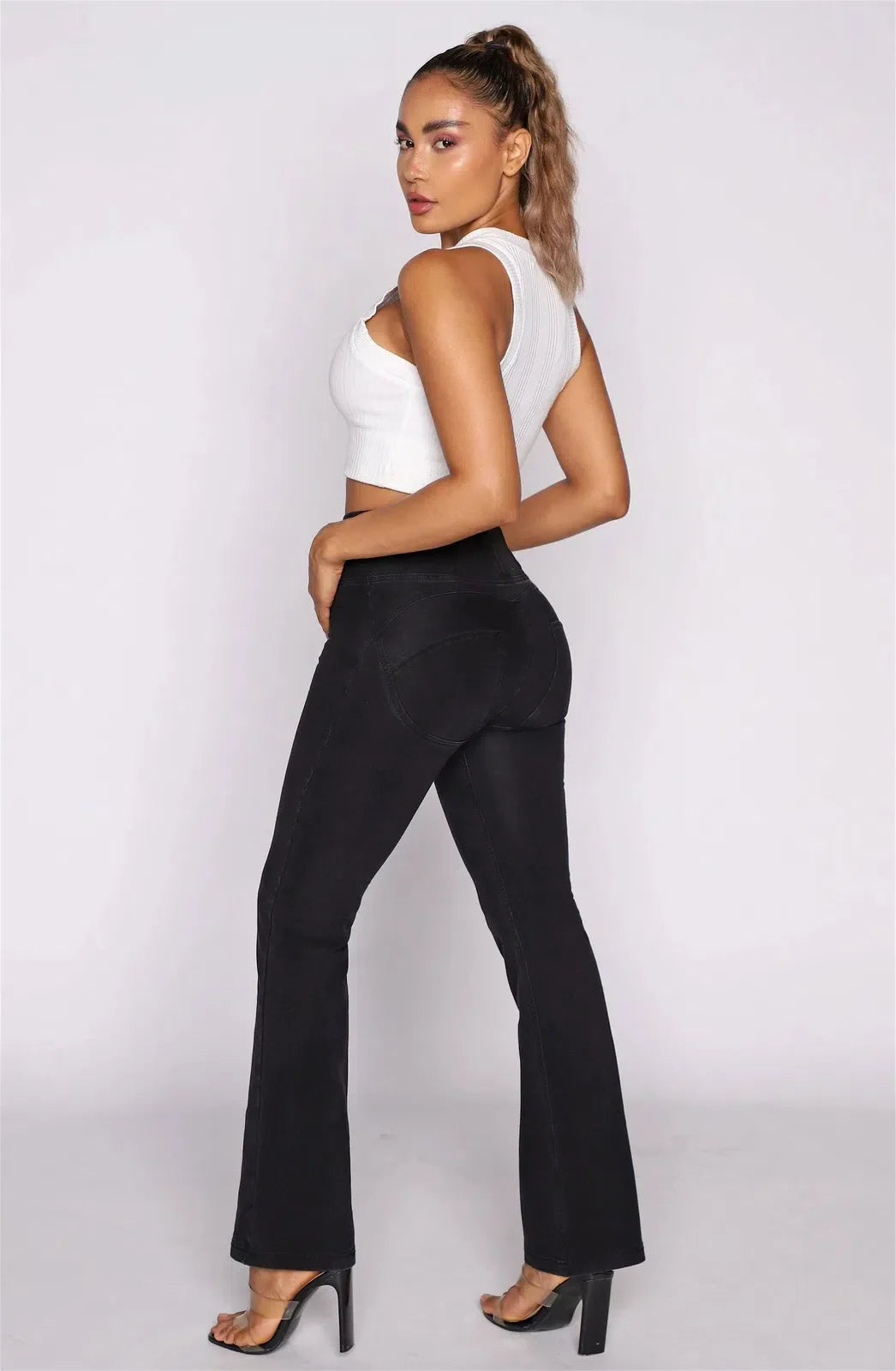 WRUP Denim - High Waisted - Petite Flare - Black + Black Stitching