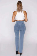 WRUP Denim - High Waisted - Petite Flare - Light Blue + Yellow Stitching
