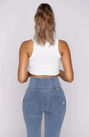 WRUP Denim - High Waisted - Petite Flare - Light Blue + Yellow Stitching