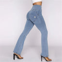 WRUP Denim - High Waisted - Petite Flare - Light Blue + Yellow Stitching