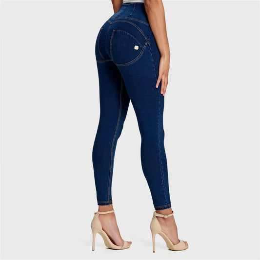 WRUP Denim - High Waisted - Ankle Length - Dark Blue + Yellow Stitching