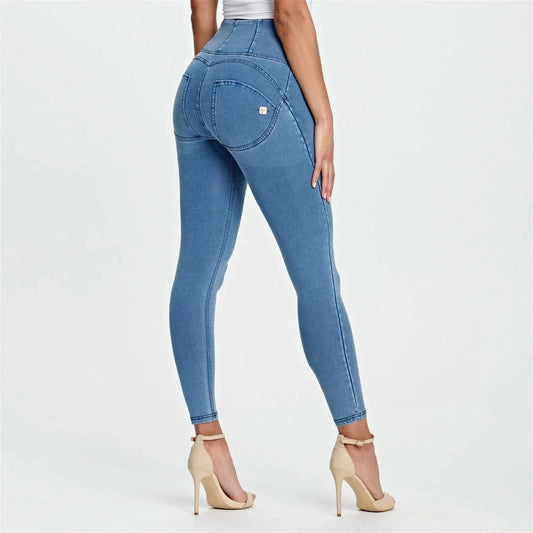 WRUP Denim - High Waisted - Ankle Length - Light Blue + Blue Stitching