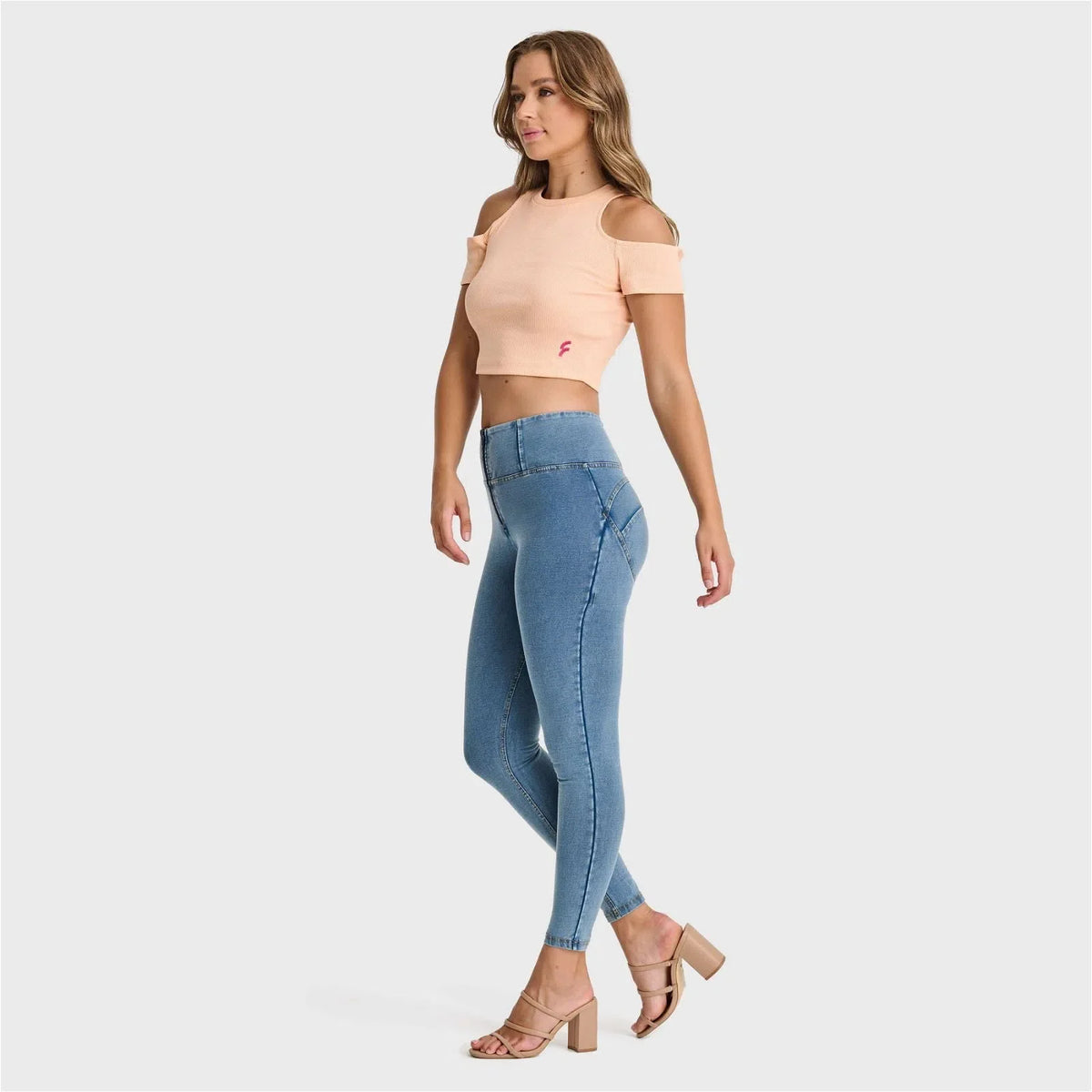 Light Blue + Yellow Stitching High Waisted Petite Length Light Blue + Yellow Stitching High Waisted Petite Length