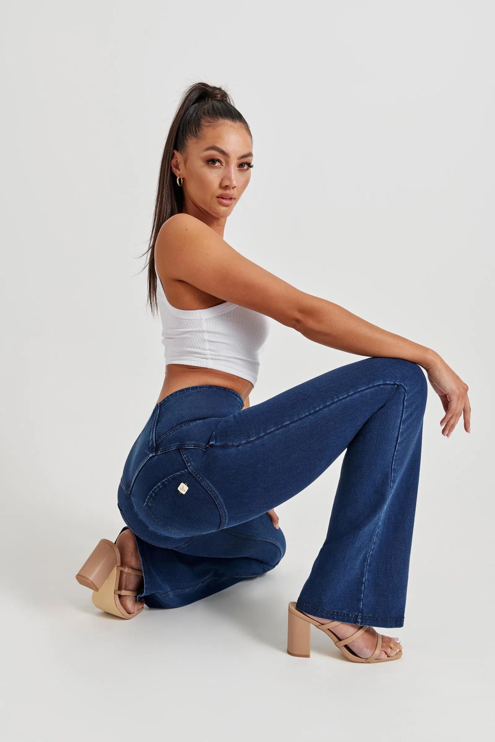 WR.UP® Denim - High Waisted - Bell Bottom Flare - Dark Blue + Blue Stitching 3