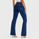 WRUP Denim - High Waisted - Bell Bottom Flare - Dark Blue + Blue Stitching