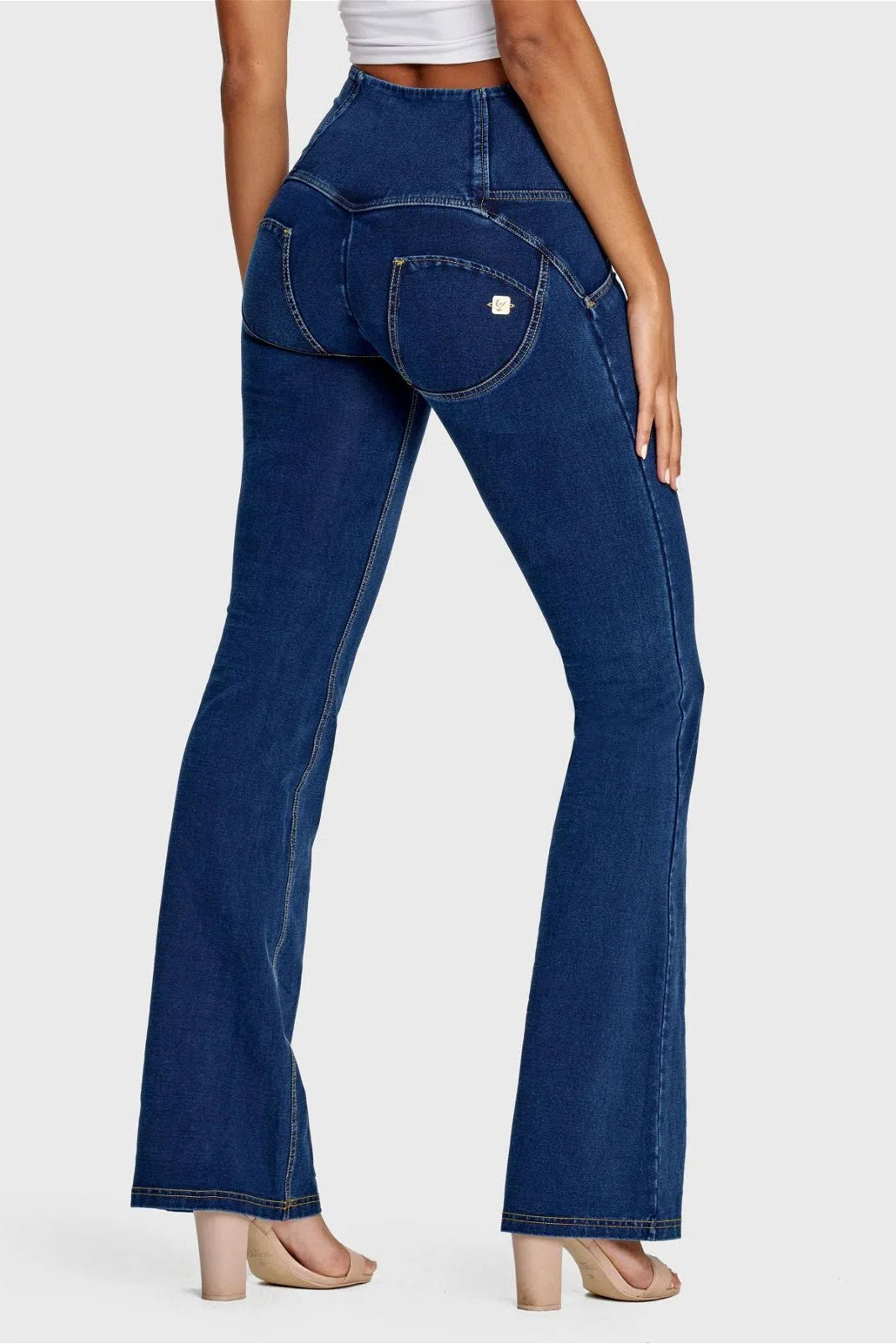 WR.UP® Denim - High Waisted - Bell Bottom Flare - Dark Blue + Yellow Stitching 3