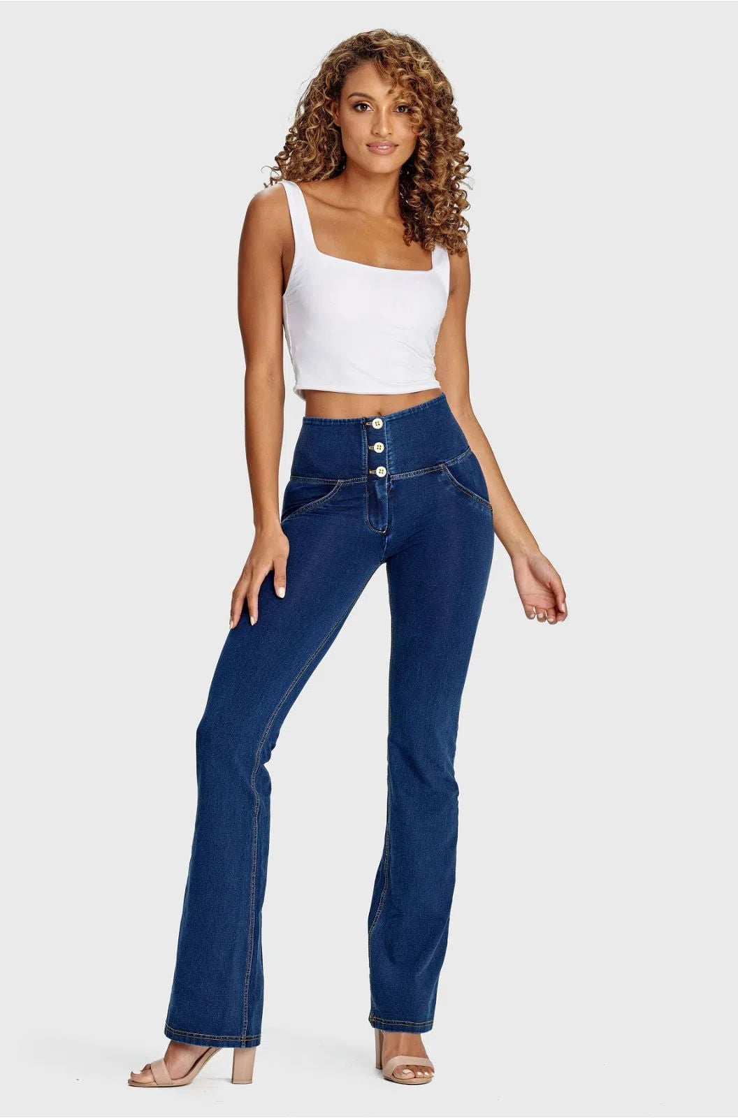 WR.UP® Denim - High Waisted - Bell Bottom Flare - Dark Blue + Yellow Stitching