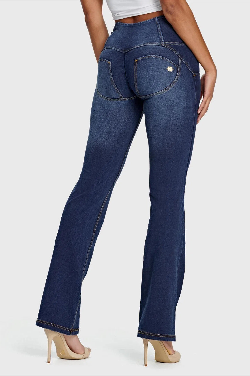 WR.UP® Denim - High Waisted - Flare - Dark Blue + Yellow Stitching 3