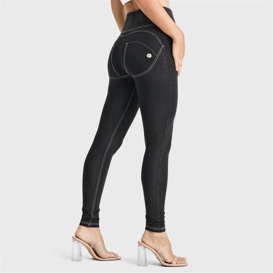 WRUP Denim - High Waisted - Full Length - Black + White Stitching