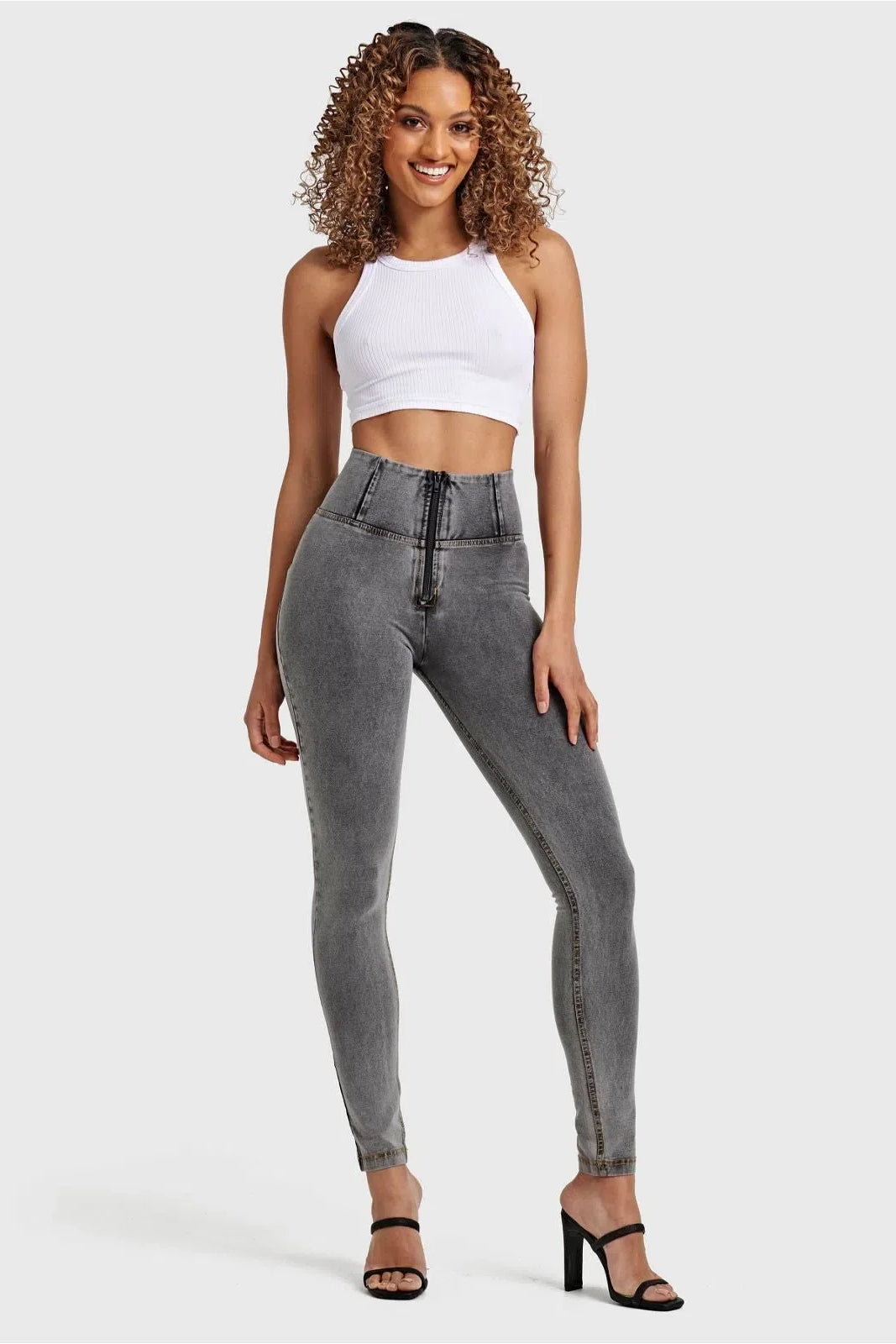 WRUP Denim - High Waisted - Full Length - Grey + Yellow Stitching 1