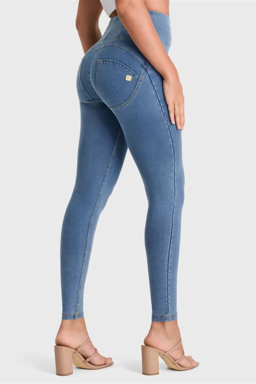 WRUP Denim - High Waisted - Full Length - Light Blue + Yellow Stitching 1