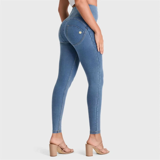 WRUP Denim - High Waisted - Full Length - Light Blue + Yellow Stitching