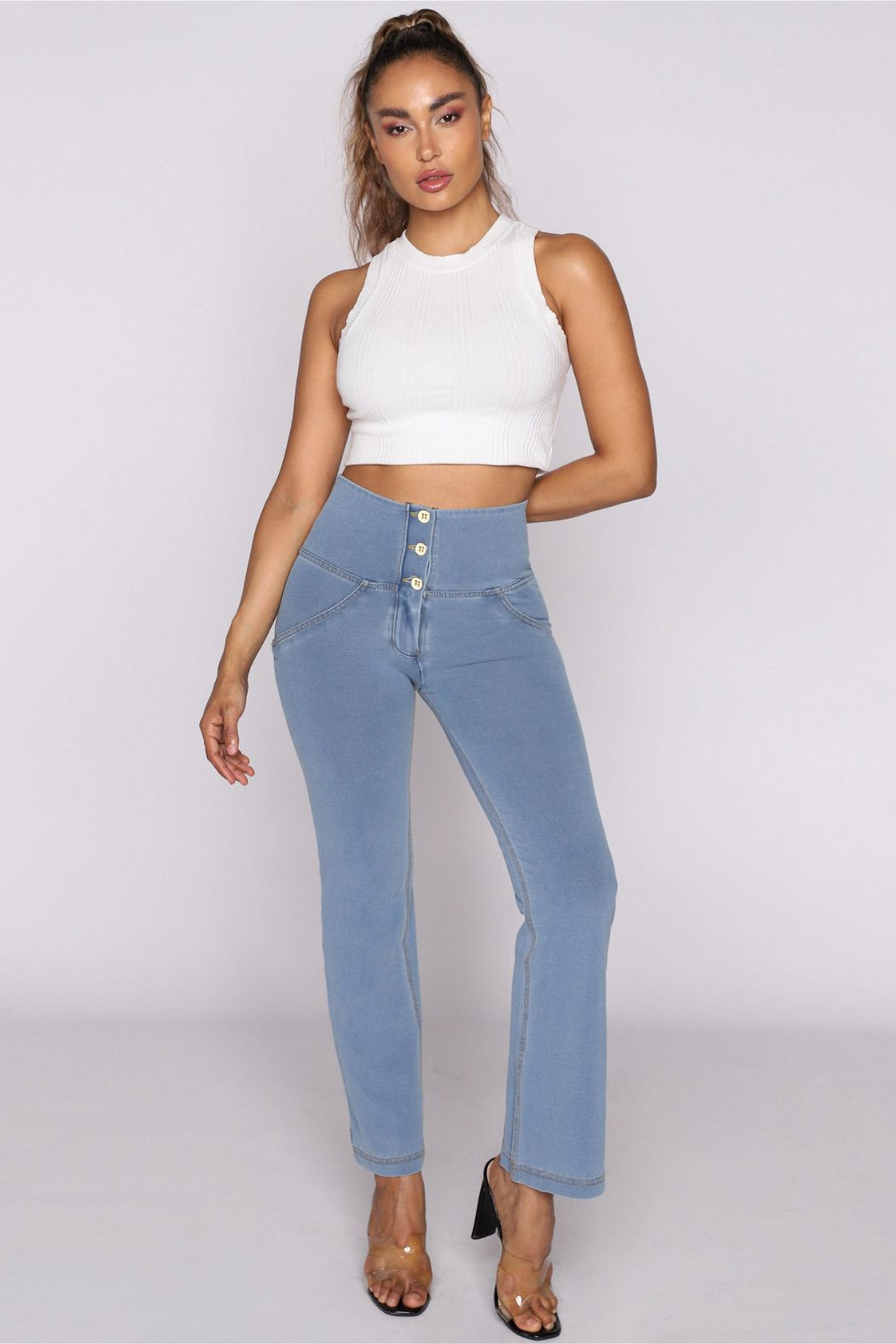 WR.UP® Denim - High Waisted - Kick Flare - Light Blue + Yellow Stitching 2