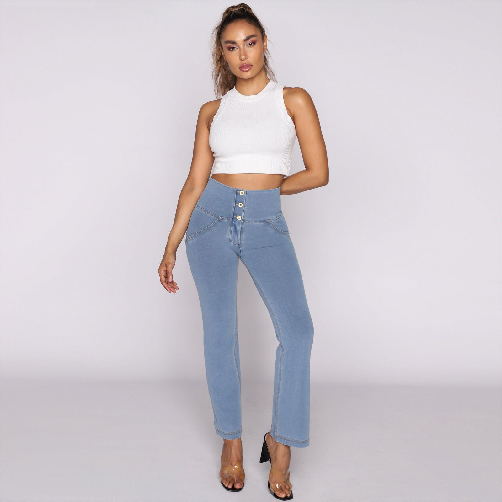 WR.UP® Denim - High Waisted - Kick Flare - Light Blue + Yellow Stitching 2