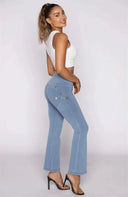 WRUP Denim - High Waisted - Kick Flare - Light Blue + Yellow Stitching