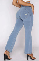 WRUP Denim - High Waisted - Kick Flare - Light Blue + Yellow Stitching