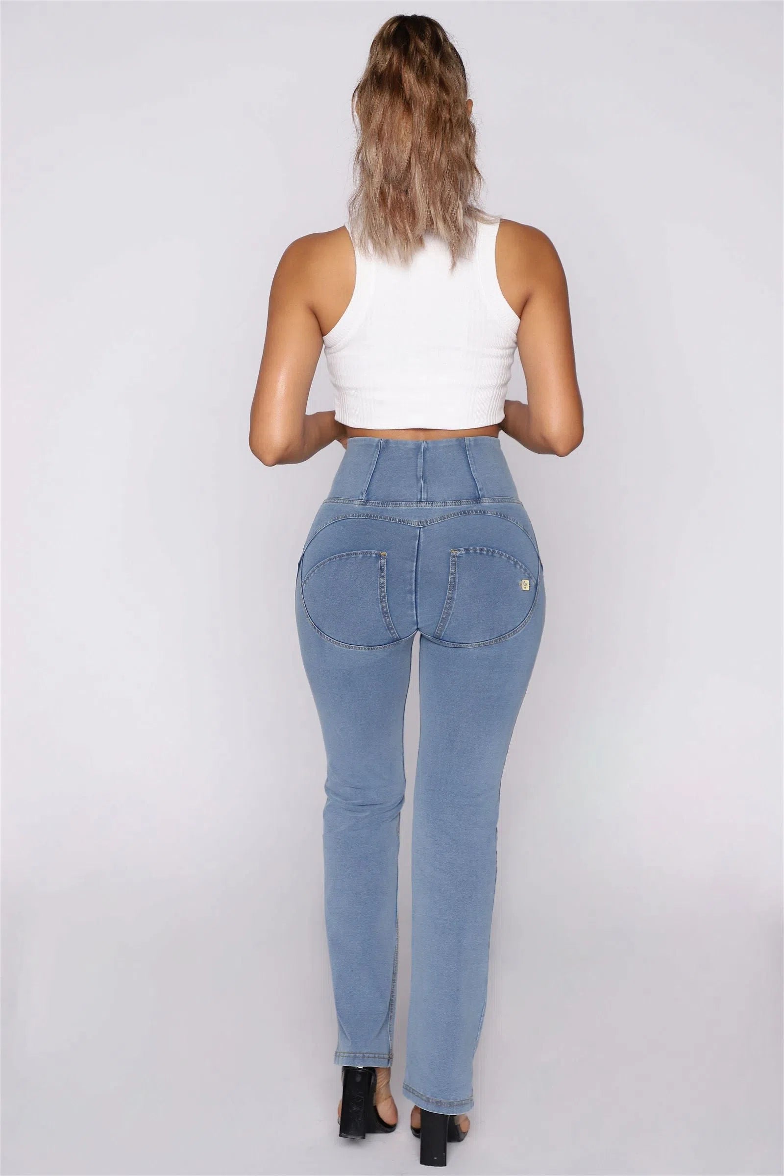 WR.UP® Denim - High Waisted - Petite Flare - Light Blue + Yellow Stitching 3