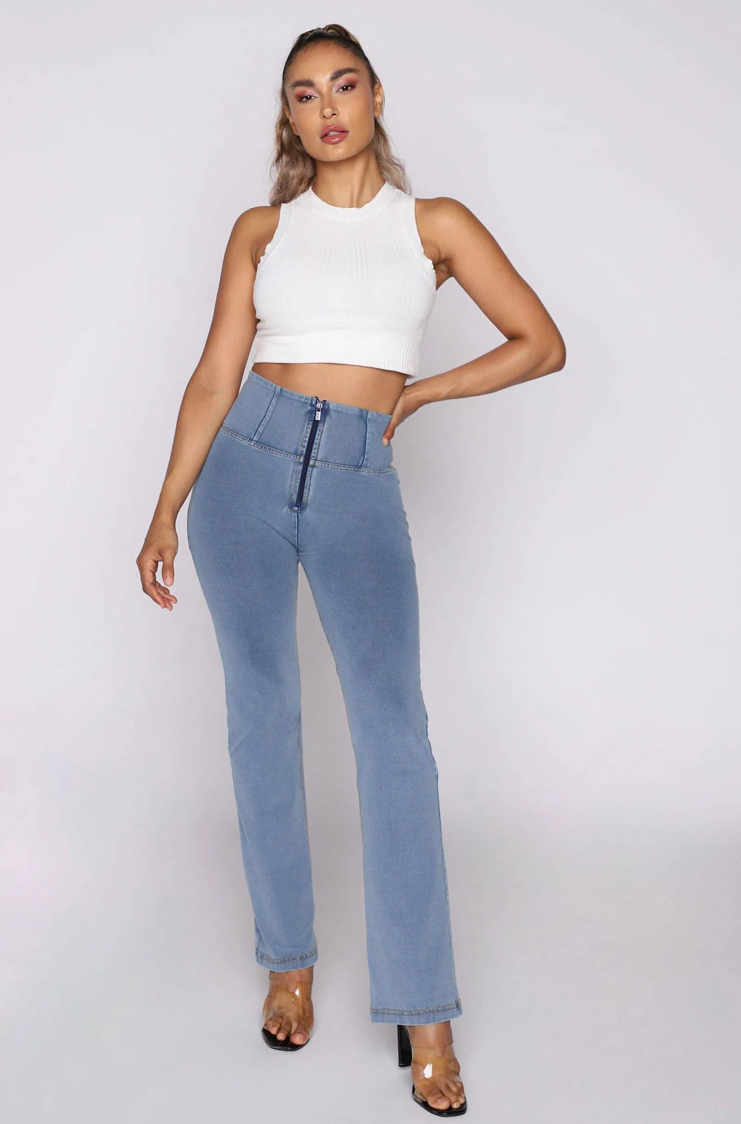 WR.UP® Denim - High Waisted - Petite Flare - Light Blue + Yellow Stitching