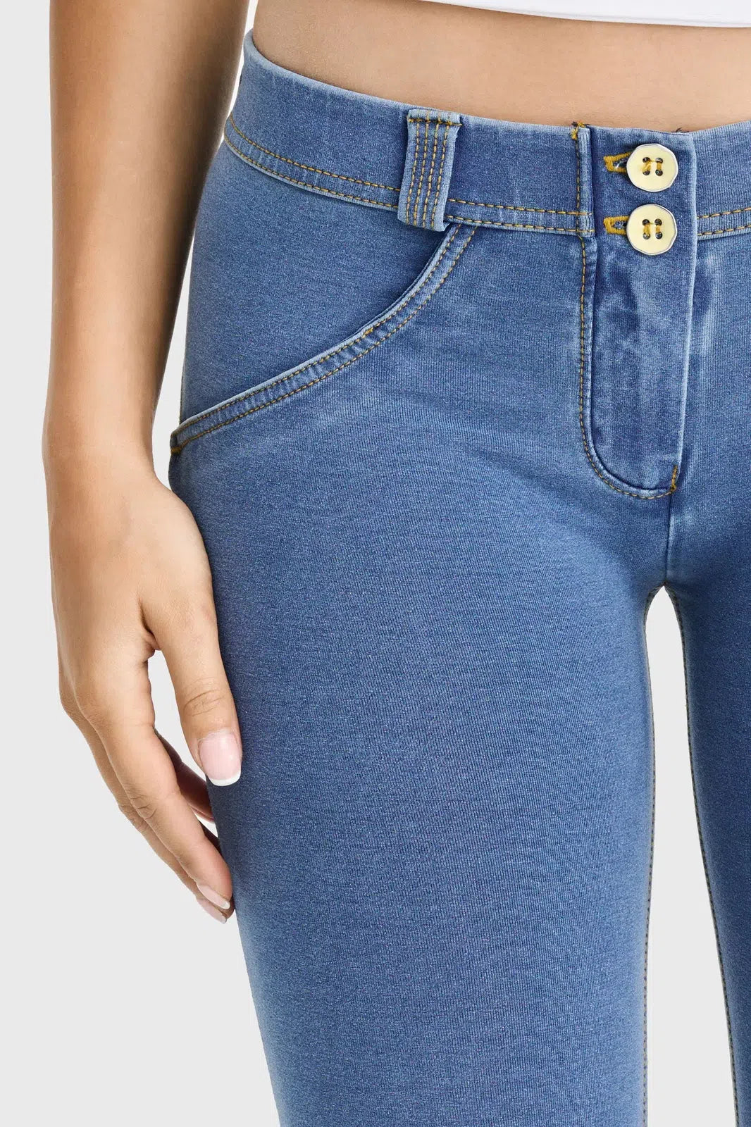 Light Blue + Yellow Stitching Low Rise Full Length WRUP Light Blue + Yellow Stitching Low Rise Full Length WRUP