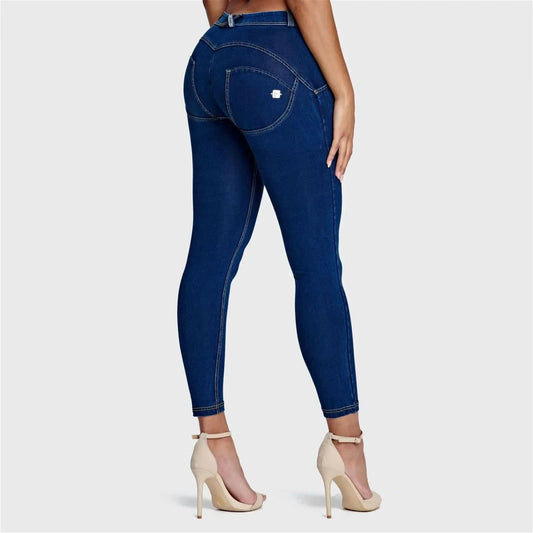 WRUP Denim - Mid Rise - Ankle Length - Dark Blue + Yellow Stitching