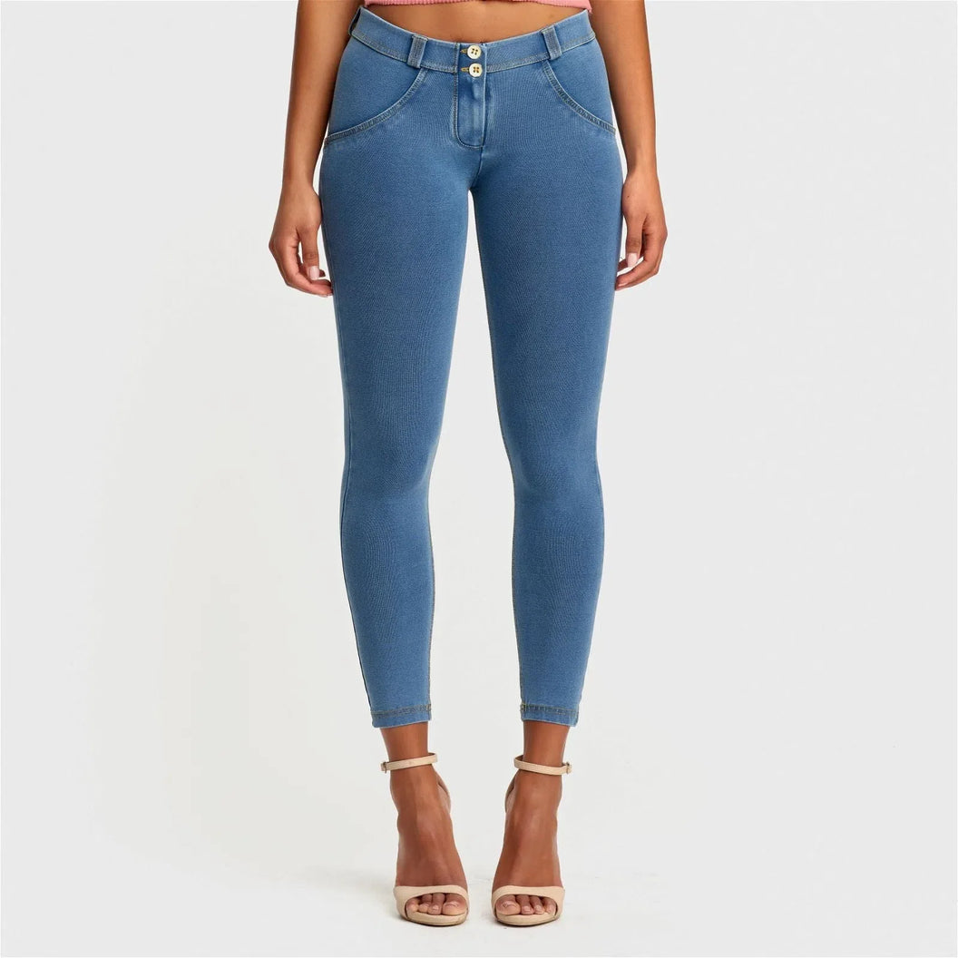 WRUP Denim - Mid Rise - Petite Length - Light Blue + Yellow Stitching