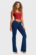 WRUP Denim - Mid Rise - Bell Bottom Flare - Dark Blue + Yellow Stitching