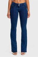 WRUP Denim - Mid Rise - Bell Bottom Flare - Dark Blue + Yellow Stitching