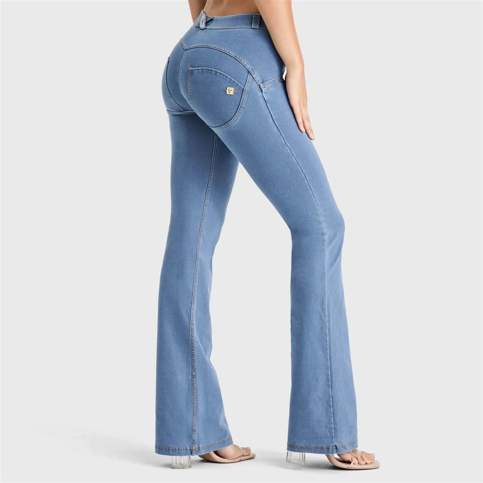 WRUP Denim - Mid Rise - Bell Bottom Flare - Light Blue + Yellow Stitching 1