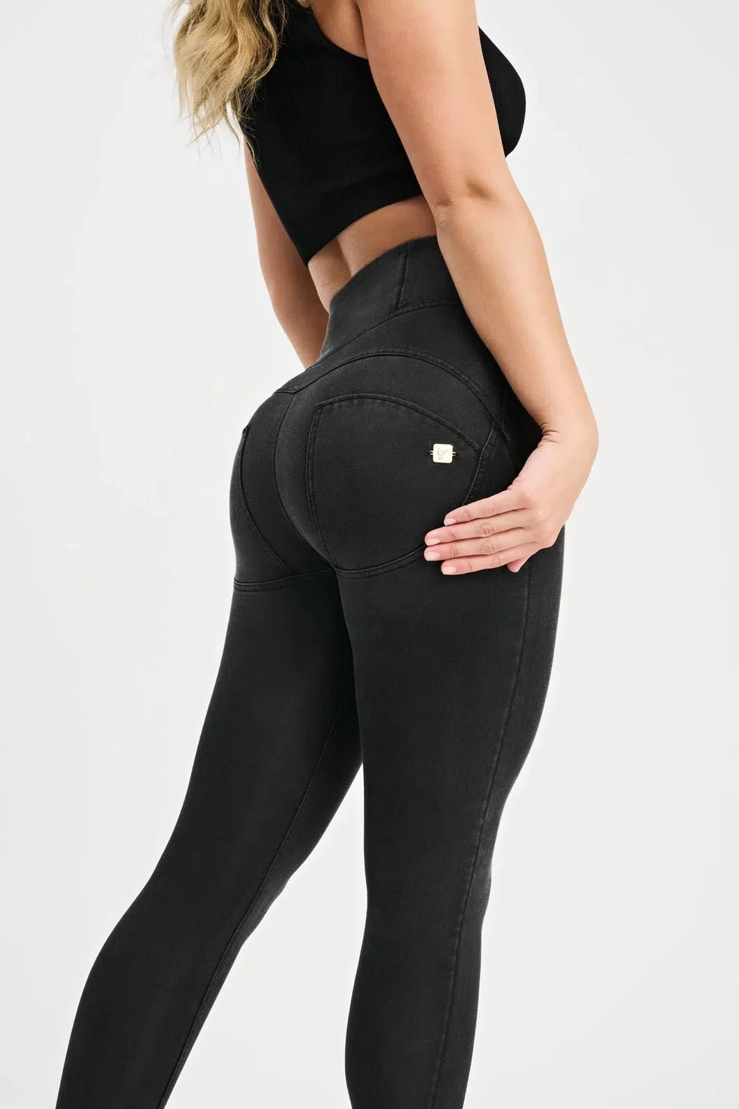 WRUP Denim with Feature Seam - High Waisted - Petite Length - Black + Black Stitching 2