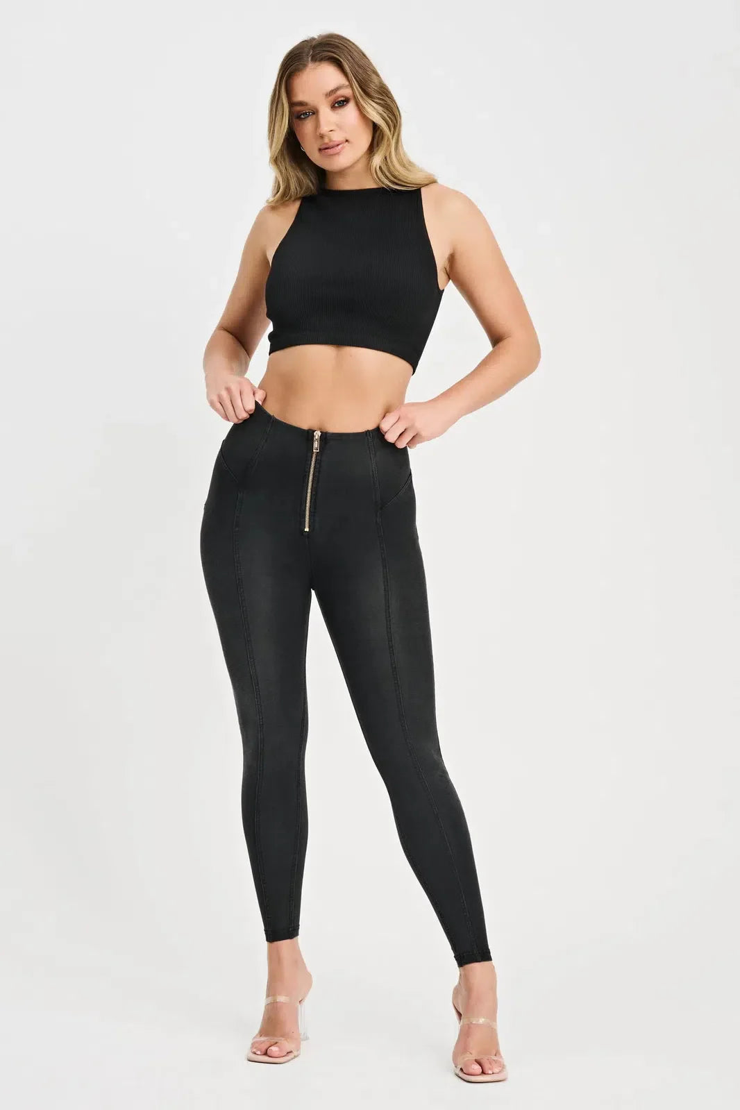WRUP Denim with Feature Seam - High Waisted - Petite Length - Black + Black Stitching 3