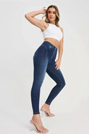 WRUP Denim with Feature Seam - High Waisted - Petite Length - Dark Blue + Beige Stitching