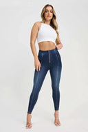 WRUP Denim with Feature Seam - High Waisted - Petite Length - Dark Blue + Beige Stitching