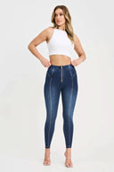 WRUP Denim with Feature Seam - High Waisted - Petite Length - Dark Blue + Beige Stitching