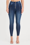 WRUP Denim with Feature Seam - High Waisted - Petite Length - Dark Blue + Beige Stitching
