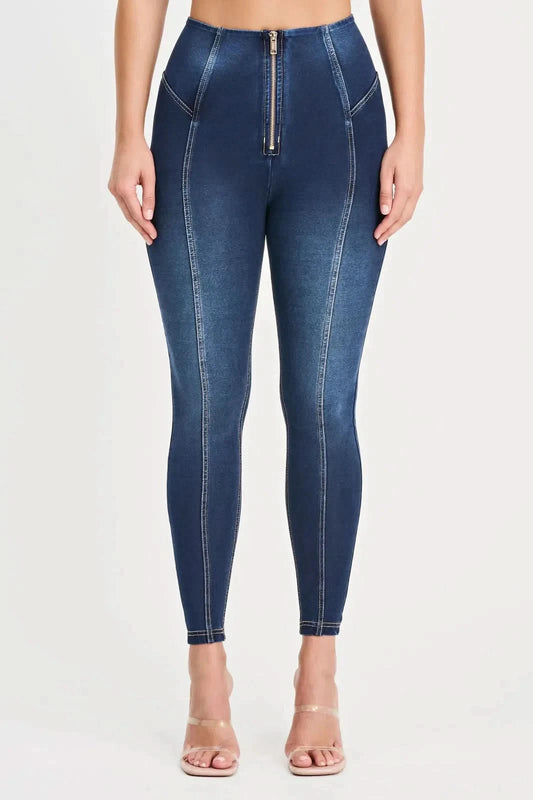 WRUP Denim with Feature Seam - High Waisted - Ankle Length - Dark Blue + Beige Stitching