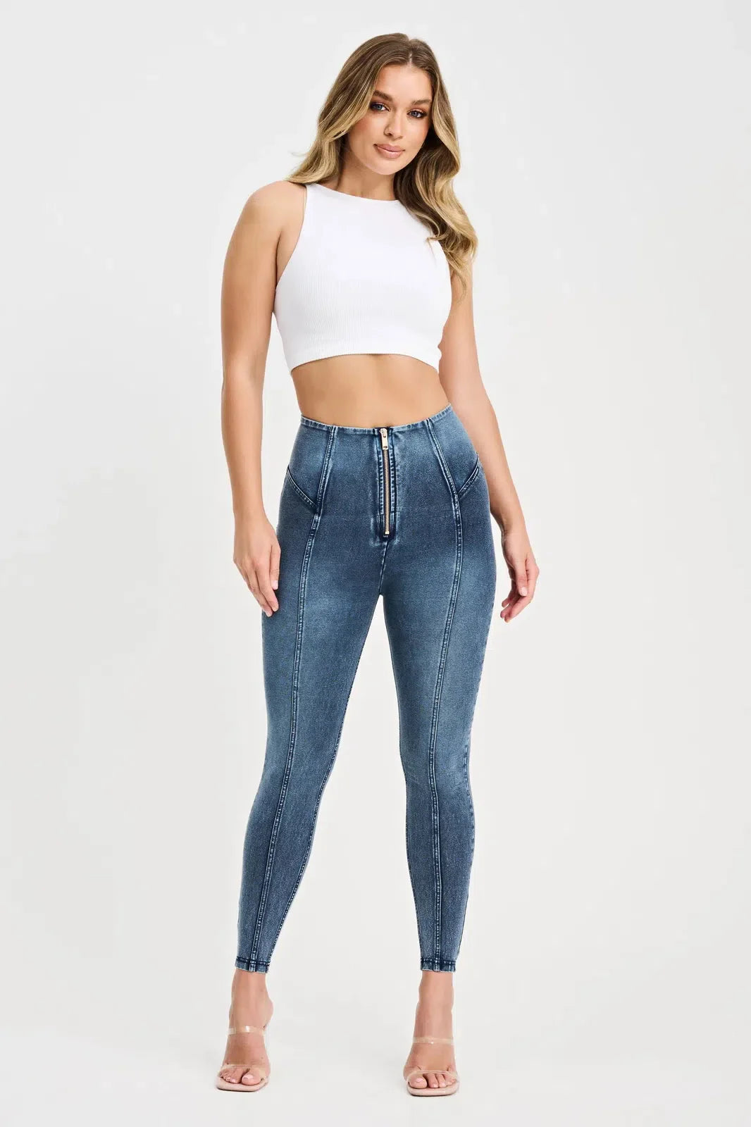 WRUP Denim with Feature Seam - High Waisted - Petite Length - Vintage Blue + Blue Stitching 3
