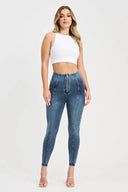 WRUP Denim with Feature Seam - High Waisted - Petite Length - Vintage Blue + Blue Stitching