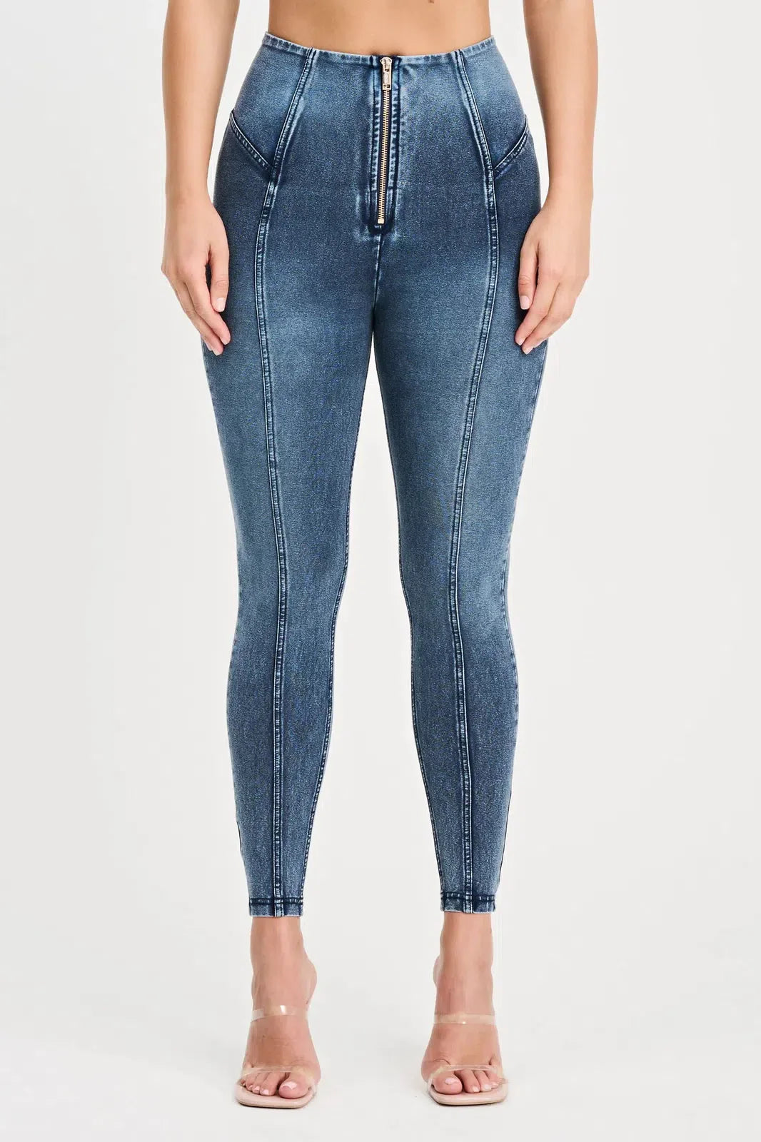 WRUP Denim with Feature Seam - High Waisted - Petite Length - Vintage Blue + Blue Stitching 1