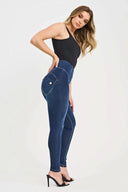 WRUP Denim with Feature Seam - High Waisted - Full Length - Dark Blue + Beige Stitching