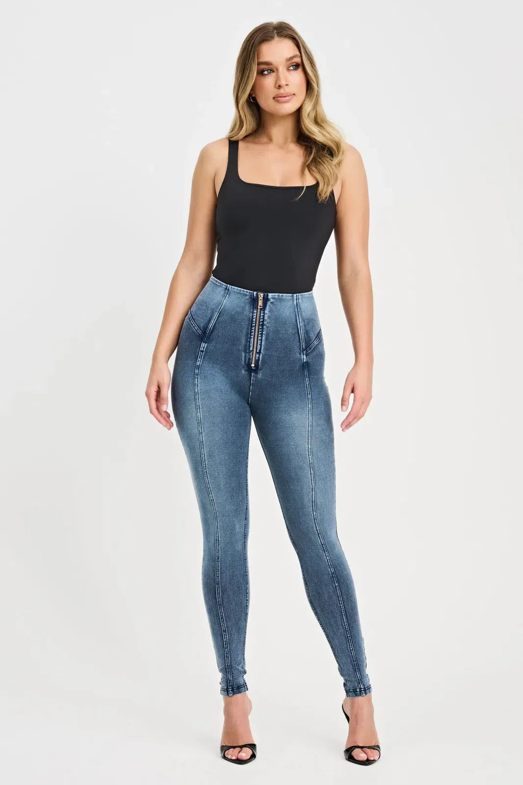 WRUP Denim with Feature Seam - High Waisted - Full Length - Vintage Blue + Blue Stitching 3