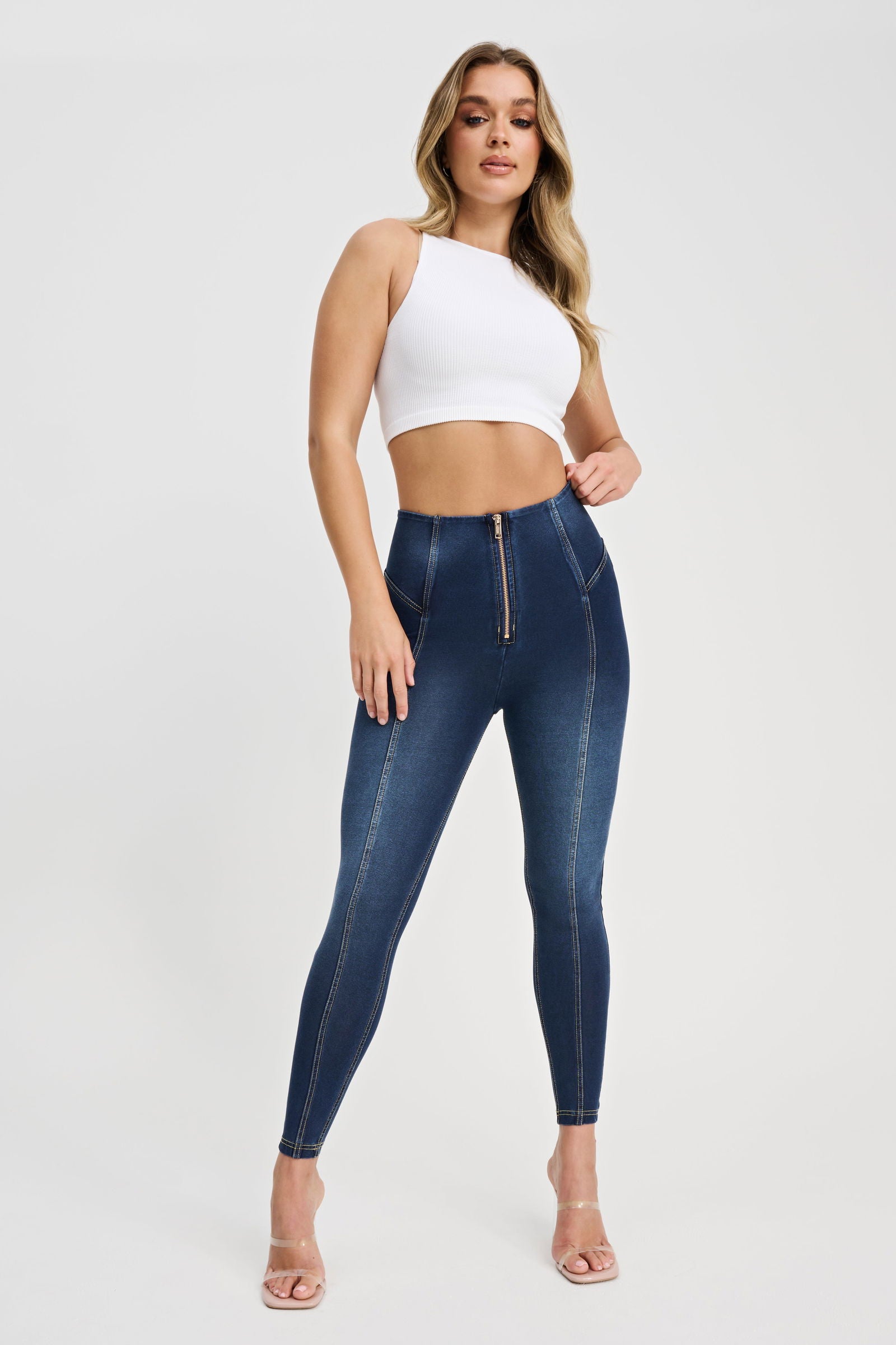 WR.UP® Denim with Feature Seam - High Waisted - Petite Length - Dark Blue + Beige Stitching 3