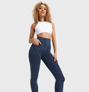 WRUP Denim With Front Pockets - Super High Waisted - Petite Length - Dark Blue + Blue Stitching