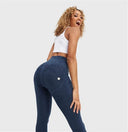 WRUP Denim With Front Pockets - Super High Waisted - Petite Length - Dark Blue + Blue Stitching