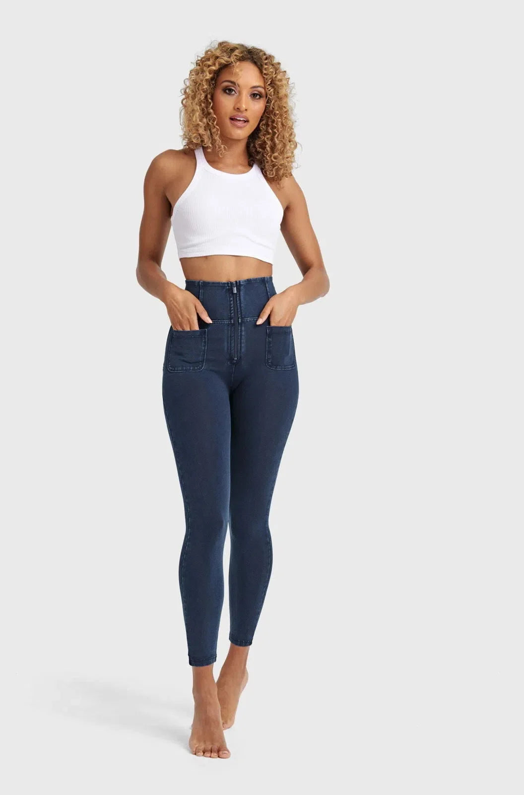 WR.UP® Denim With Front Pockets - Super High Waisted - Petite Length - Dark Blue + Blue Stitching